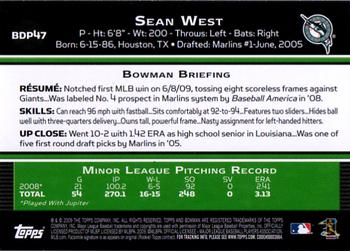 2009 Bowman Draft Picks & Prospects - Gold #BDP47 Sean West Back