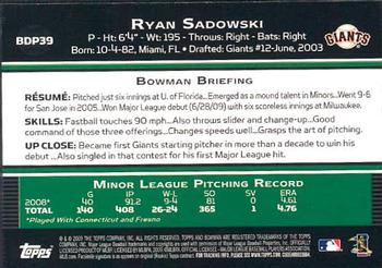 2009 Bowman Draft Picks & Prospects - Gold #BDP39 Ryan Sadowski Back