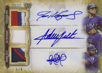 2020 Topps Triple Threads - Triple Threads Autograph Relic Combo Gold #ARC-PRB Ivan Rodriguez / Elvis Andrus / Adrian Beltre Front