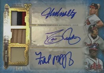 2020 Topps Triple Threads - Triple Threads Autograph Relic Combo Sapphire #ARC-SJM John Smoltz / David Justice / Fred McGriff Front