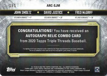 2020 Topps Triple Threads - Triple Threads Autograph Relic Combo Printing Plate Black #ARC-SJM John Smoltz / David Justice / Fred McGriff Back