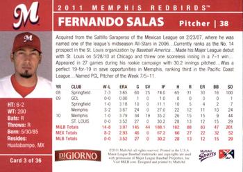 2011 MultiAd Memphis Redbirds #3 Fernando Salas Back