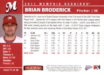 2011 MultiAd Memphis Redbirds #17 Brian Broderick Back