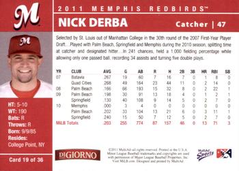 2011 MultiAd Memphis Redbirds #19 Nick Derba Back