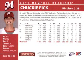 2011 MultiAd Memphis Redbirds #20 Chuckie Fick Back