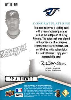 2009 SP Authentic - By The Letter Rookie Signatures #BTLR-RR Ricky Romero Back