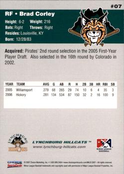 2007 Choice Lynchburg Hillcats #7 Brad Corley Back