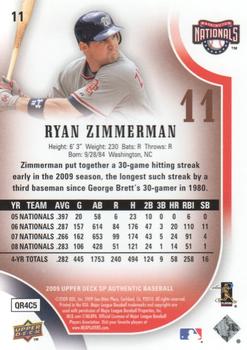2009 SP Authentic - Copper #11 Ryan Zimmerman Back
