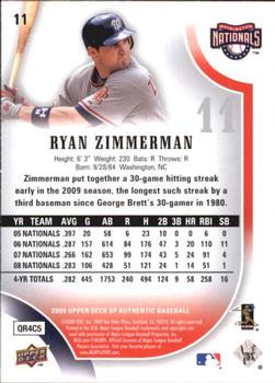 2009 SP Authentic - Gold #11 Ryan Zimmerman Back