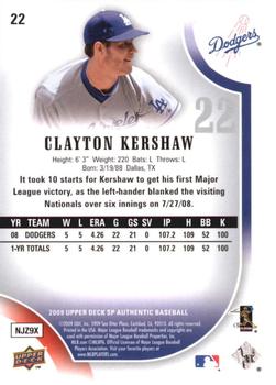 2009 SP Authentic - Gold #22 Clayton Kershaw Back
