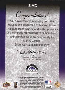 2009 SP Authentic - Signatures #S-MC Manny Corpas Back