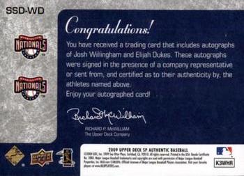 2009 SP Authentic - Signatures Dual #SSD-WD Elijah Dukes / Josh Willingham Back