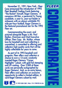 1992 Fleer - '92 Commemorative Card Promo #NNO Paul Mullan / Roger Clemens Back