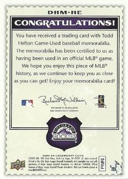 2009 SP Legendary Cuts - Destined for History Memorabilia #DHM-HE Todd Helton Back