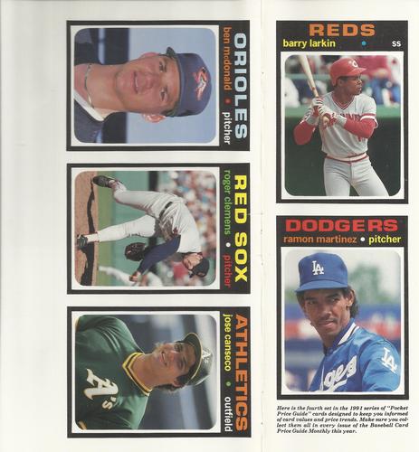 1991 SCD Baseball Card Price Guide Monthly - Panels #16-20 Barry Larkin / Ramon Martinez / Ben McDonald / Roger Clemens / Jose Canseco Front