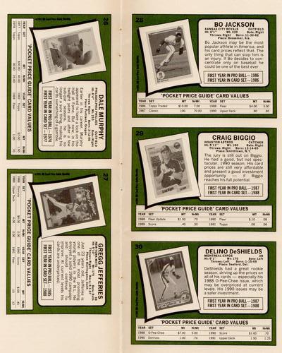 1991 SCD Baseball Card Price Guide Monthly - Panels #26-30 Dale Murphy / Gregg Jefferies / Bo Jackson / Craig Biggio / Delino DeShields Back