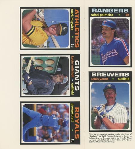 1991 SCD Baseball Card Price Guide Monthly - Panels #31-35 Rafael Palmeiro / Robin Yount / Mark McGwire / Kevin Mitchell / George Brett Front