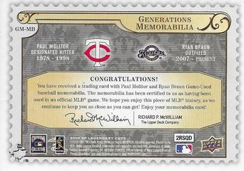 2009 SP Legendary Cuts - Generations Dual Memorabilia #GM-MB Paul Molitor / Ryan Braun Back