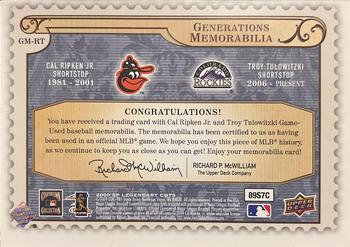 2009 SP Legendary Cuts - Generations Dual Memorabilia #GM-RT Cal Ripken Jr. / Troy Tulowitzki Back