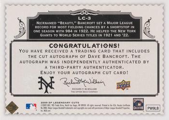 2009 SP Legendary Cuts - Legendary Cut Signatures #LC-3 Dave Bancroft Back