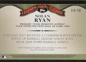 2009 Topps - Legends of the Game Nickname Letter Patch #LGCP-NR Nolan Ryan Back