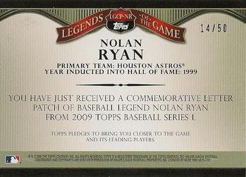 2009 Topps - Legends of the Game Nickname Letter Patch #LGCP-NR Nolan Ryan Back