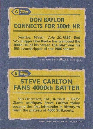 1987 Topps - Wax Box Side Panels #A-B Don Baylor / Steve Carlton Back