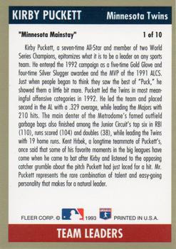 1993 Fleer - Team Leaders (Series One American League) #1 Kirby Puckett Back