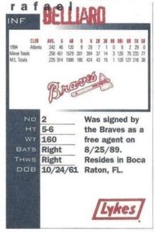 1995 Lykes Atlanta Braves Perforated #NNO Rafael Belliard Back