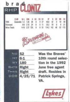 1995 Lykes Atlanta Braves Perforated #NNO Brad Clontz Back