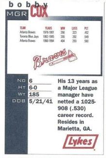 1995 Lykes Atlanta Braves Perforated #NNO Bobby Cox Back