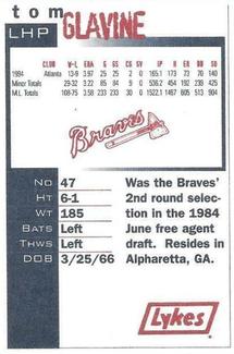 1995 Lykes Atlanta Braves Perforated #NNO Tom Glavine Back