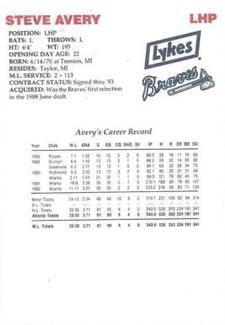 1993 Lykes Atlanta Braves Perforated #NNO Steve Avery Back