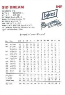 1993 Lykes Atlanta Braves Perforated #NNO Sid Bream Back