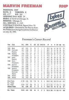 1993 Lykes Atlanta Braves Perforated #NNO Marvin Freeman Back