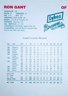 1993 Lykes Atlanta Braves Perforated #NNO Ron Gant Back