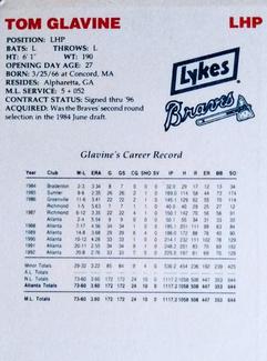 1993 Lykes Atlanta Braves Perforated #NNO Tom Glavine Back