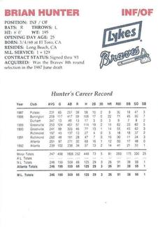 1993 Lykes Atlanta Braves Perforated #NNO Brian Hunter Back
