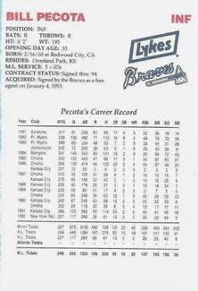 1993 Lykes Atlanta Braves Perforated #NNO Bill Pecota Back