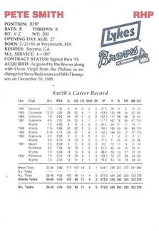 1993 Lykes Atlanta Braves Perforated #NNO Pete Smith Back