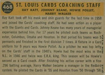 2009 Topps Heritage - 50th Anniversary Buybacks #468 St. Louis Cards Coaches (Johnny Keane / Howie Pollet / Ray Katt / Harry Walker) Back