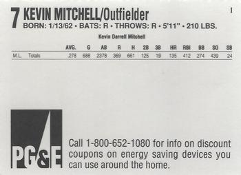 1991 PG&E San Francisco Giants #1 Kevin Mitchell Back