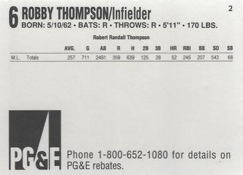 1991 PG&E San Francisco Giants #2 Robby Thompson Back