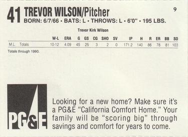 1991 PG&E San Francisco Giants #9 Trevor Wilson Back