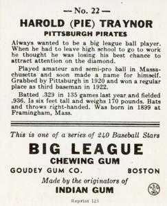 1976 TCMA Goudey Reprints #22 Pie Traynor Back