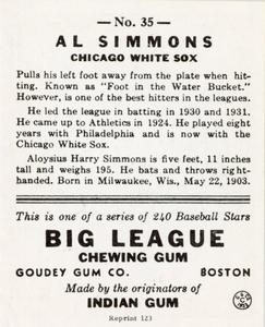 1976 TCMA Goudey Reprints #35 Al Simmons Back