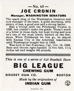 1976 TCMA Goudey Reprints #63 Joe Cronin Back