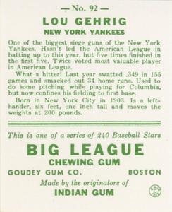 1976 TCMA Goudey Reprints #92 Lou Gehrig Back