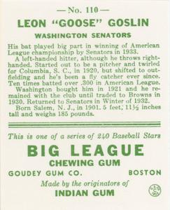 1976 TCMA Goudey Reprints #110 Goose Goslin Back