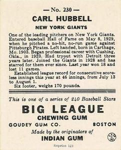1976 TCMA Goudey Reprints #230 Carl Hubbell Back